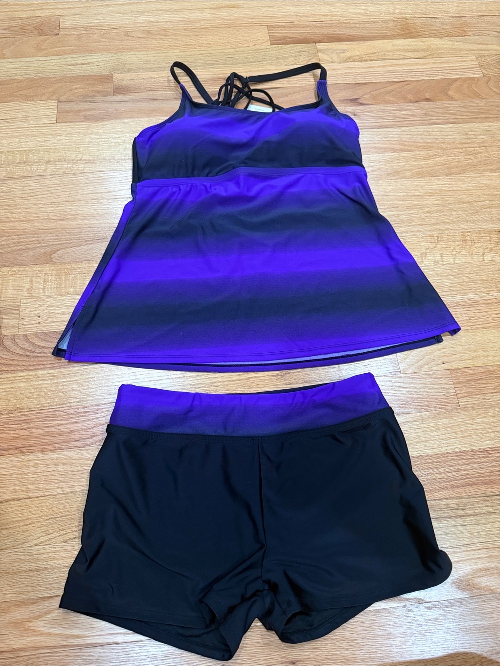 Purple Ombre Tankini Swim Top with Black Swim Shorts - Women's Two-Piece Set